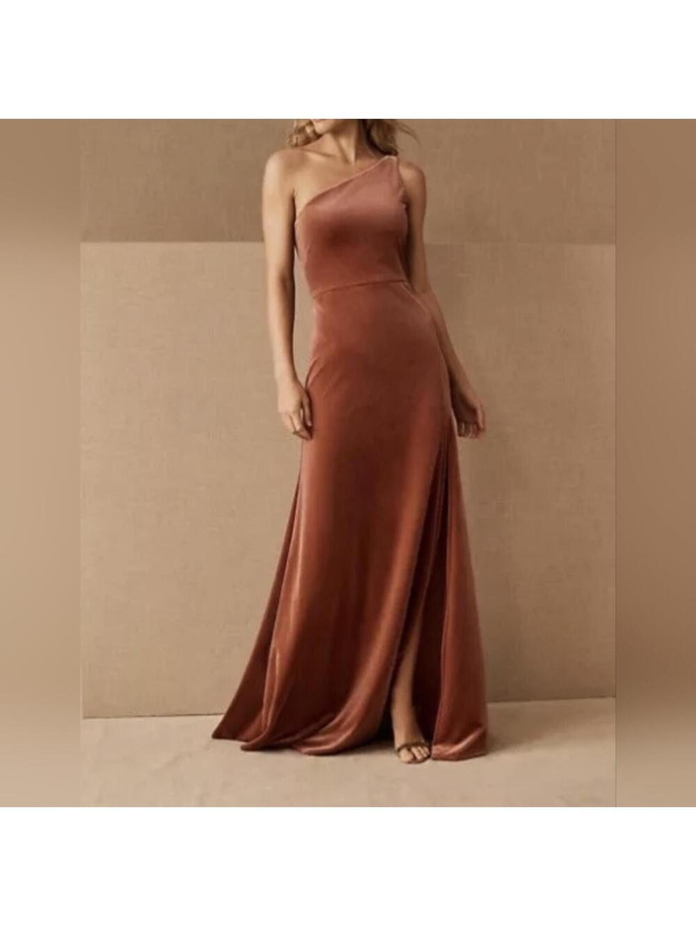 Jenny Yoo Cybill Dress Size 8 English Rose Stretch Velvet One Shoulder NWT